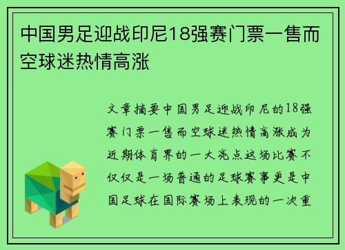中国男足迎战印尼18强赛门票一售而空球迷热情高涨