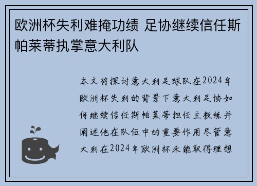 欧洲杯失利难掩功绩 足协继续信任斯帕莱蒂执掌意大利队